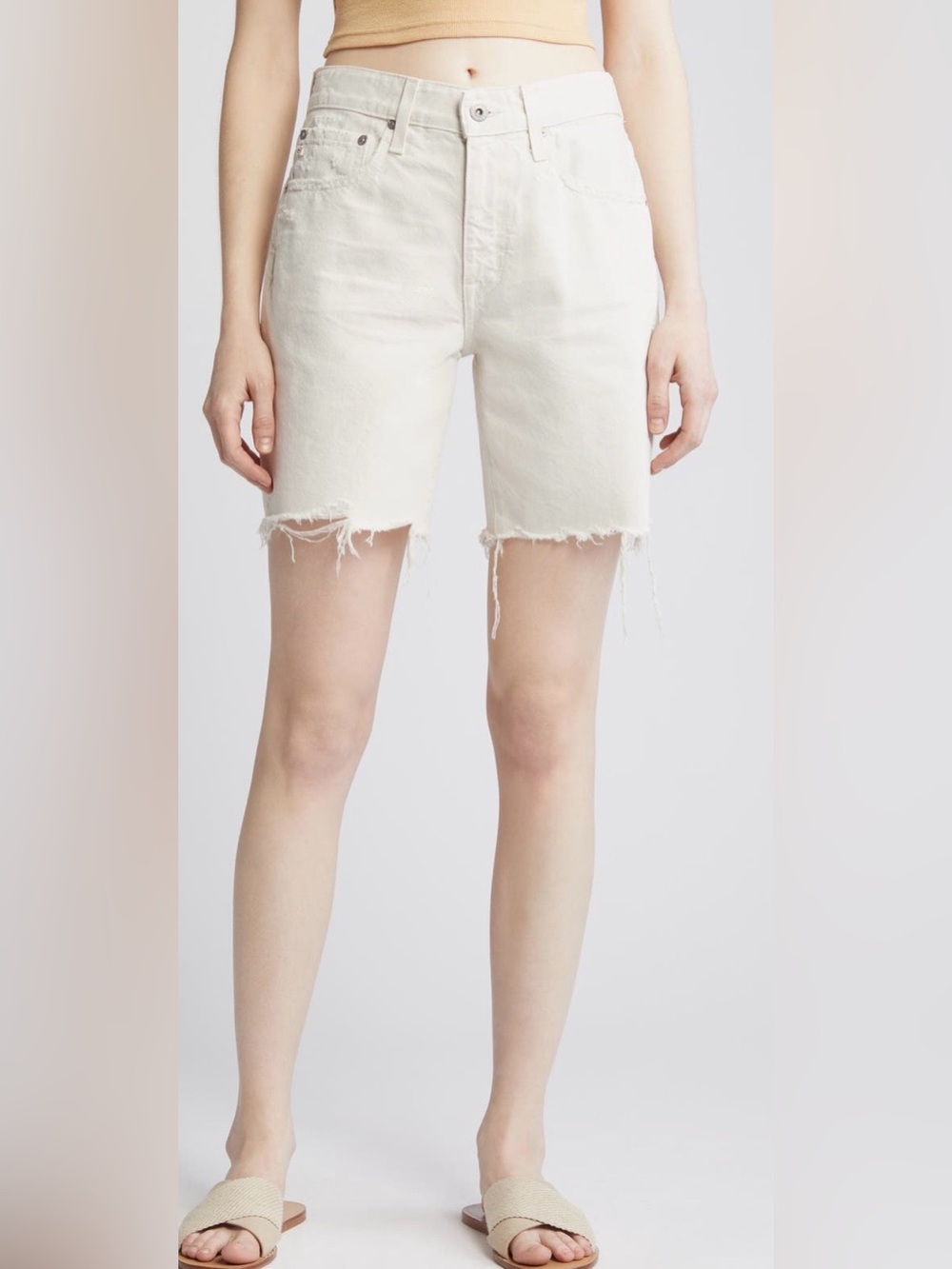 AG Denim Ex-Boyfriend Mid-Rise Raw-Hem Denim Shorts in Opal Stone